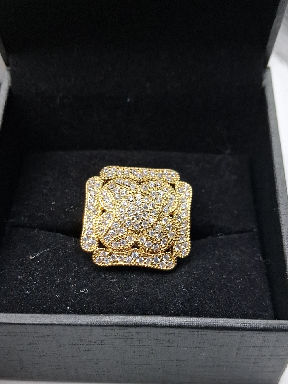 Gold-Tone Pavé Statement Ring with Floral Motif Adjustable Band  R828